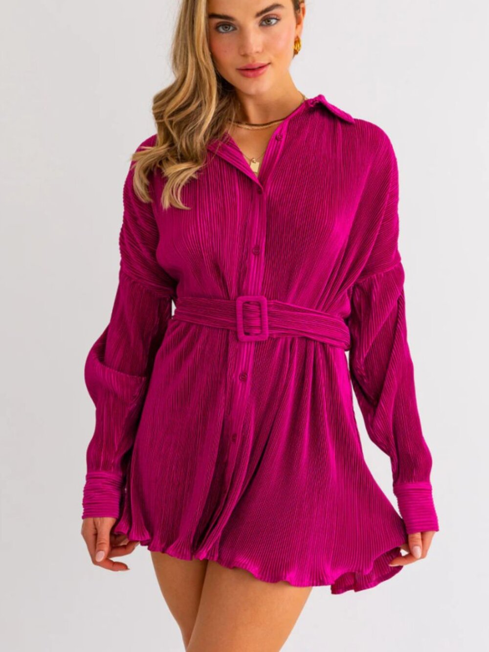 Le Lis Collection Magenta Pleated Button Up Shirt Dress Women's Size Small